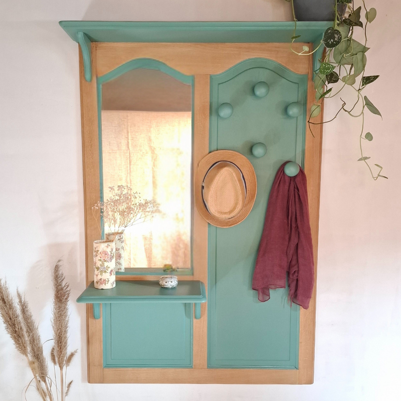 Portemanteau mural bois et verte sauge avec miroir Portemanteau mural bois et verte sauge avec miroir